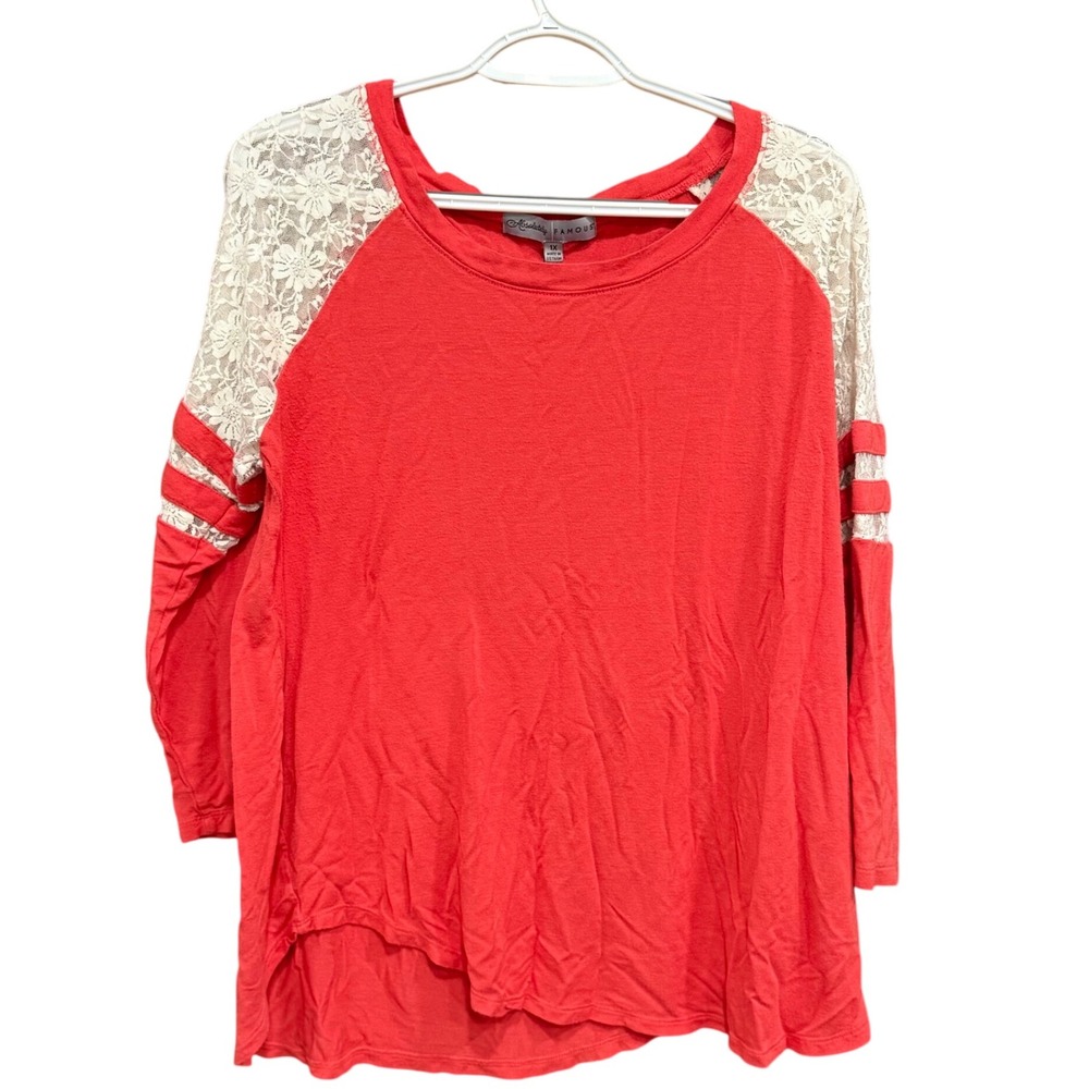 Absolutely Famous Women's 1X Red Lace Sleeve 3/4 Sleeve T-Shirt Top